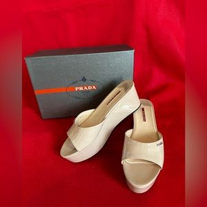 Prada platform patent leather nude slides.  Size 40